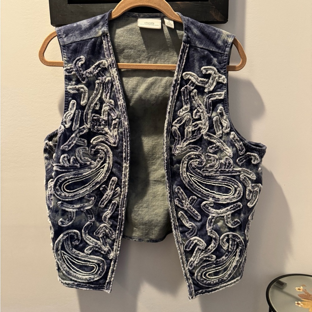 Chico’s Blue and White Embroidered Vest